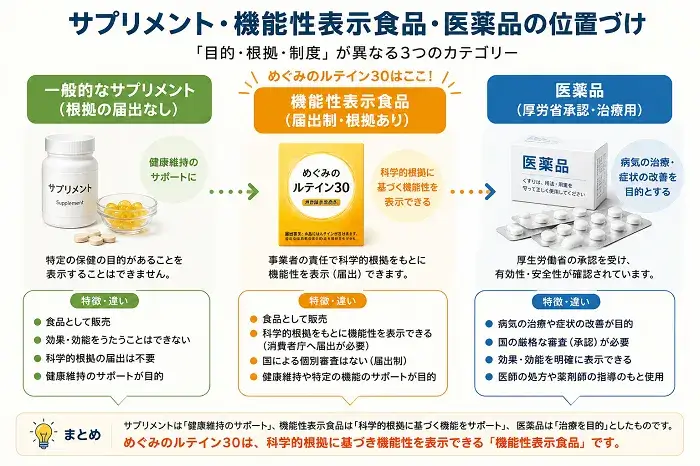 サプリメントと機能性表示食品と医薬品の位置づけ